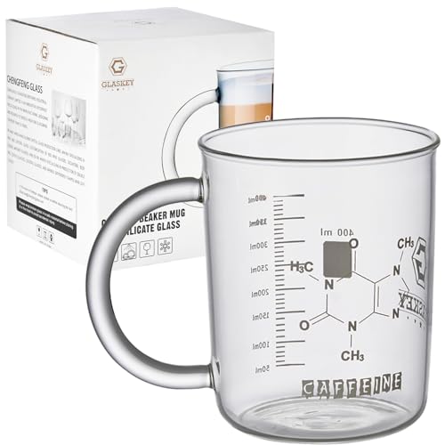 GLASKEY Koffeinbecher Messung Glasbecher mit Henkel 400ml große Borosilikat messbecher,Mikrowellenfest Spülmaschinenfest,Neuheit Chemie Wissenschaft Lehrer Geschenke für Frauen Männer von GLASKEY