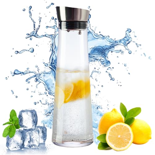 GLASKEY Wasserkaraffe, 1.2 Liter Glaskaraffe mit Deckel, Saftkrug aus Glas mit Schwerkraftdeckel aus Edelstahl, durchsichtiger Wasserkrug für Eistee, Limonade, Kaffee, Saftgetränke von GLASKEY