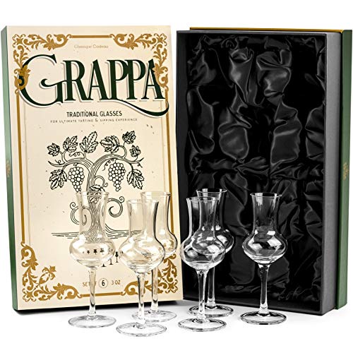 GLASSIQUE CADEAU Kristall Grappa und Likör Gläser | 6er Set | Kleines 90 ml Grappagläser für Aperitif, Digestif Spirituosen, Limoncello, Schnapps, Sambuca | Schnapsgläser mit Langem Stiel von GLASSIQUE CADEAU