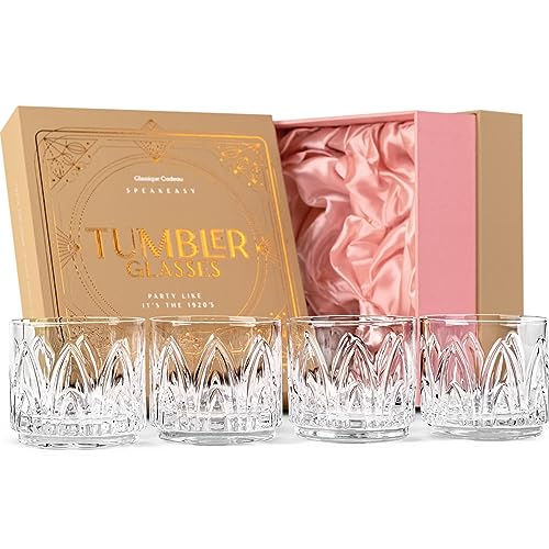 GLASSIQUE CADEAU Vintage Art Deco Rum, Gin, Tequila Rocks Kristall Cocktailgläser | 4er Set | 325 ml Stapelbare Kurze Lowball Tumbler Kristallgläser für Cocktails von GLASSIQUE CADEAU