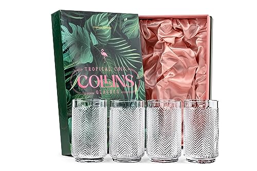 GLASSIQUE CADEAU Vintage Flamingo Collins Longdrink Cocktailgläser für Mojito, Caipirinha | 4er Longdrinkgläser Set | 340 ml Kristall Hohe Highball Gläser für Tropischen und Tiki Cocktails von GLASSIQUE CADEAU