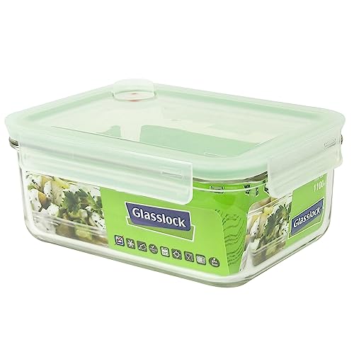GLASSLOCK 1100ml luftdichte rechteckige Frischhaltedose aus gehärtetem Glas mit Clip-Deckel und Luftventil, geeignet für Mikrowelle, Spülmaschine, Tiefkühler, BPA-frei | MCRB-110A von GLASSLOCK