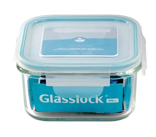 GLASSLOCK 490ml luftdichte quadratische Frischhaltedose aus gehärtetem Glas mit Clip-Deckel, geeignet für Mikrowelle Spülmaschine Tiefkühler BPA frei Lebensmittelbehälter Vorratsdose Meal Prep von GLASSLOCK