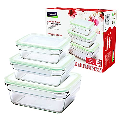 Glasslock (GL-529, 1x 480ml, 1x 970ml, 1x 1730ml) Rechteckige Frischhaltedose aus Glas - ofengeeignet von GLASSLOCK