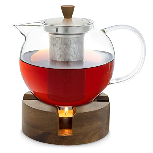 GLASWERK Teekanne mit Stövchen (1,3L) - Teekocher mit Teesieb und Stövchen aus Holz und Borosilikatglas - Teebereiter Glaskanne mit Deckel und edlem Teestövchen mit Kanne von GLASWERK