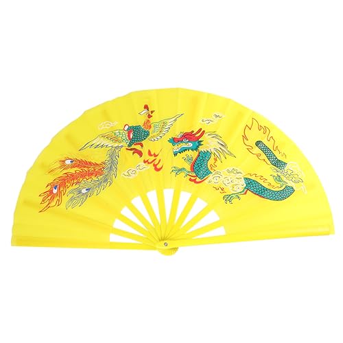 GLEAVI 1 Stück Traditioneller Chinesischer Faltfan Kunststoff Handventilator für Tai Chi Fitness Kampfkünste und Kung Fu Darbietungen Gelb Drachen und Phönixmuster GLEAVI 1 Stück Traditioneller Chinesischer Faltfan Kunststoff Handventilator für Tai Chi Fitness Kampfkünste und Kung Fu Darbietungen Gelb Drachen und Phönixmuster von GLEAVI
