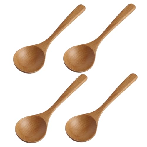 GLEAVI 4 Stück Teiliges Große Holzlöffel aus Buchenholz Hitzebeständig Kratzschonend Ergonomisch Geformt Japanisch-Stil zum Rühren Servieren von Suppe und Porridge von GLEAVI