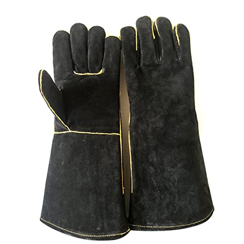 GLEAVI Bbq Grillhandschuhe Hitzebeständig mit Langen Bündchen Isolierte und Rindsleder Handschuhe für Grillen Kochen und Backen Schwarz von GLEAVI