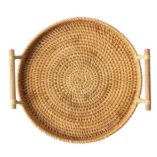 GLEAVI Rattan Aufbewahrungskorb mit Griffen Handgefertigtes Mittelgroßes Flechttablett für Obst Brot und Snacks Vielseitiges Serviertablett für Küche und Picknick Natürlicher Praktischer von GLEAVI