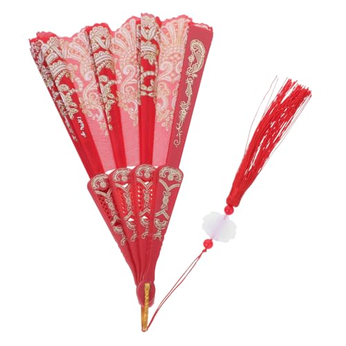 GLEAVI Vintage Handfächer Chinesischer Stil Bestickter Faltbarer Handventilator mit Goldener Verzierung und Roter Quaste Tragbarer Fächer für Tanz Hochzeit Party Sommerkühlung und von GLEAVI