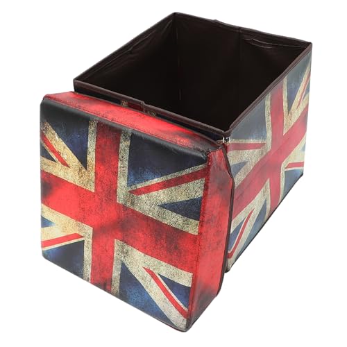 GLEAVI Vintage Klappbarer Aufbewahrungs hocker mit Britischer Flagge Faltbarer Sitzhocker mit Großem Stauraum Multifunktionaler Sitz Fußhocker für Wohnzimmer und Schlafzimmer von GLEAVI
