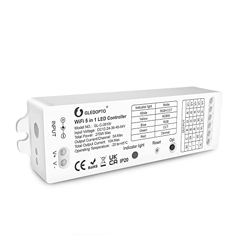 GLEDOPTO 5 in 1 WiFi +2.4GRF LED Strip Controller DC12-24V-54V DIMMER WW/CW RGB RGBW RGBCCT Controller Tuya Smart Life App Steuerung Amazon Alexa Google Home Sprachsteuerung von GLEDOPTO