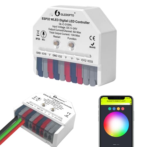 GLEDOPTO ESP32 Mini WLED LED-Controller DC 5~24V DIY Dynamische Beleuchtung App-Steuerung Adressierbarer digitaler FCOB RGB-IC WS2811 WS2812 SK6812 TM1814 WS2813 WS2815 Lichtleiste (310WL-Mic) von GLEDOPTO