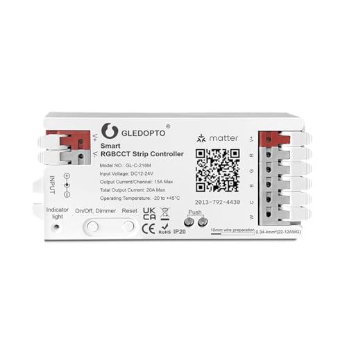 GLEDOPTO GL-C-218M Matter LED Controller für RGBCCT LED-Streifen, Smart Home Steuerung, 12-24V, Kompatibel mit Apple HomeKit, Alexa, Google Home GLEDOPTO GL-C-218M Matter LED Controller für RGBCCT LED-Streifen, Smart Home Steuerung, 12-24V, Kompatibel mit Apple HomeKit, Alexa, Google Home von GLEDOPTO