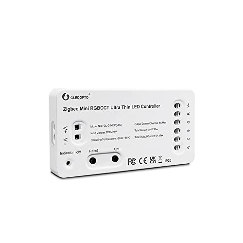 GLEDOPTO ZIGBEE3.0+2.4G RGBWW/RGBCCT Mini-LED-Streifencontroller, ultradünn, DC5-12-24V, 144 W, kompatibel mit Amazon Echo Plus Tuya Smart Life Smartthings von GLEDOPTO