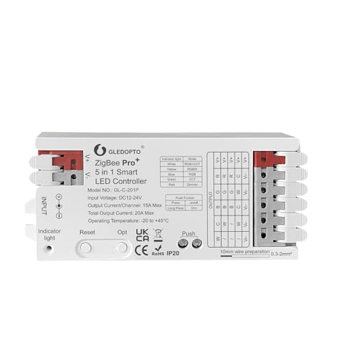 GLEDOPTO ZigBee3.0 Pro+ LED Controller 5 in 1/3 in 1 LED Controller 20A Max Require ZigBee Hub Bridge for RGBCCT/RGBW/RGB/CCT/Dimmer Alexa Homey Tuya Smart Life APP Control (5 in 1 LED Controller) von GLEDOPTO