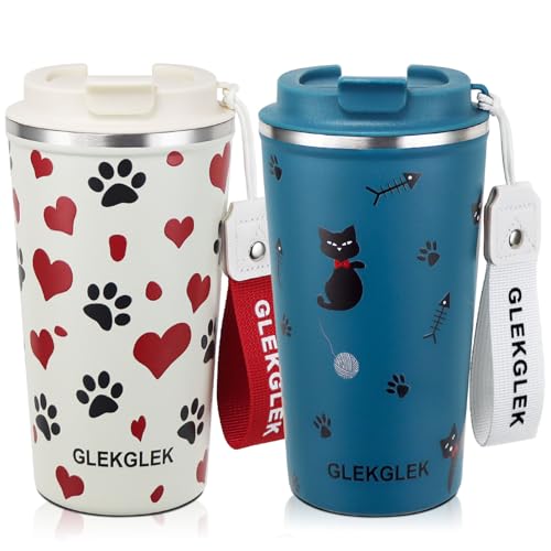 GLEKGLEK Kaffeebecher to go, Reise Thermobecher 510ml mit Trageschlaufe 2er set, Doppelwandiger Trinkbecher mit Katzen und Hundedruck für Arbeit Auto Halter Reisen GLEKGLEK Kaffeebecher to go, Reise Thermobecher 510ml mit Trageschlaufe 2er set, Doppelwandiger Trinkbecher mit Katzen und Hundedruck für Arbeit Auto Halter Reisen von GLEKGLEK
