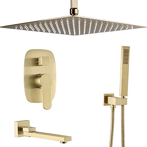 Badezimmer Messing Gebürstet Gold 12 Zoll Decke Regendusche Wasserhahn System Mixer Set von GLETSF