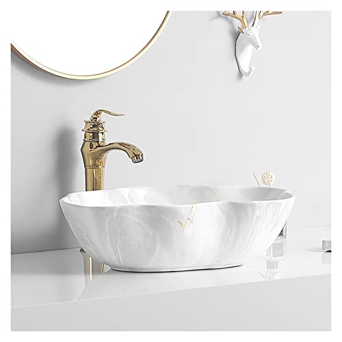Badezimmer-Waschbecken Aus Keramik, Marmorstruktur, Ovales Kunst-Waschbecken Über Der Theke, Mit Goldenem Wasserhahn Und Abfluss Badezimmer-Waschbecken Aus Keramik, Marmorstruktur, Ovales Kunst-Waschbecken Über Der Theke, Mit Goldenem Wasserhahn Und Abfluss von GLETSF