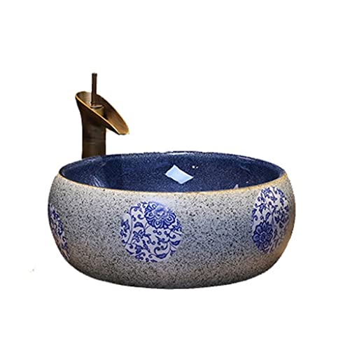 GLETSF Badezimmerwaschbecken Badezimmer-Waschbecken, Rundes Keramikwaschbecken, Vintage-Kunst-Aufsatzwaschbecken Mit Wasserhahn, Waschtisch-Waschbecken, Schüsselwaschbecken GLETSF Badezimmerwaschbecken Badezimmer-Waschbecken, Rundes Keramikwaschbecken, Vintage-Kunst-Aufsatzwaschbecken Mit Wasserhahn, Waschtisch-Waschbecken, Schüsselwaschbecken von GLETSF