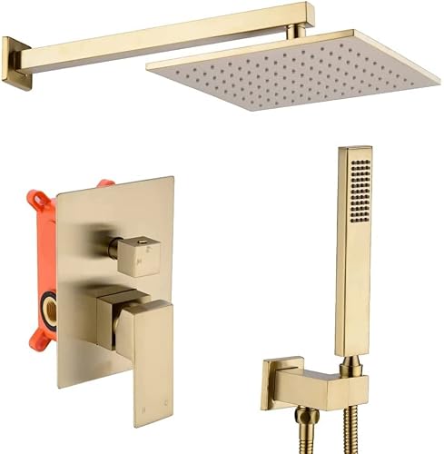 GLETSF Duscharmatur-Set, Badezimmerarmatur Aus Gebürstetem Messing Und Gold, Badezimmerdusche, Verdecktes Regenduschsystem-Set Mit Handbrause-Set, Duschsystem, Regenkopf, 10 Zol-10 Inch GLETSF Duscharmatur-Set, Badezimmerarmatur Aus Gebürstetem Messing Und Gold, Badezimmerdusche, Verdecktes Regenduschsystem-Set Mit Handbrause-Set, Duschsystem, Regenkopf, 10 Zol-10 Inch von GLETSF