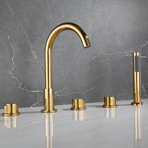 GLETSF Duschkopf-Set, 5-Loch-Duschbad-Mischbatterien Deck Chrom Badewannenmischbatterie Mit Dusche 360 Grad Drehbarer Wasserhahn Doppelhebelmischbatterie,Gold-Gold GLETSF Duschkopf-Set, 5-Loch-Duschbad-Mischbatterien Deck Chrom Badewannenmischbatterie Mit Dusche 360 Grad Drehbarer Wasserhahn Doppelhebelmischbatterie,Gold-Gold von GLETSF