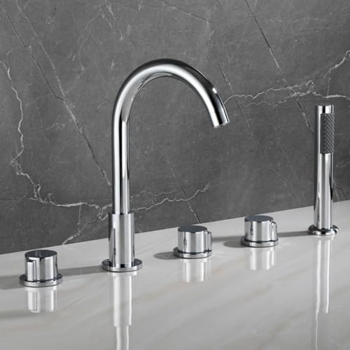 GLETSF Duschkopf-Set, 5-Loch-Duschbad-Mischbatterien Deck Gold Badewannenmischbatterie Mit Dusche 360 Grad Drehbarer Wasserhahn Doppelhebelmischbatterie, Chrom-Chrome GLETSF Duschkopf-Set, 5-Loch-Duschbad-Mischbatterien Deck Gold Badewannenmischbatterie Mit Dusche 360 Grad Drehbarer Wasserhahn Doppelhebelmischbatterie, Chrom-Chrome von GLETSF