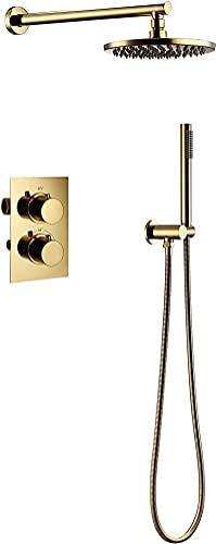 GLETSF Duschsystem-Thermostat-Set, Modernes Messing-Gold-Duschhahn-System-Mischbatterie-Set, Verdeckter Wasserhahn, Mischventil, Duschsystem-Set Mit Duschkopf Und Duschschlauch,-8inch GLETSF Duschsystem-Thermostat-Set, Modernes Messing-Gold-Duschhahn-System-Mischbatterie-Set, Verdeckter Wasserhahn, Mischventil, Duschsystem-Set Mit Duschkopf Und Duschschlauch,-8inch von GLETSF
