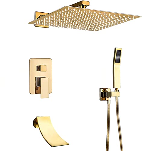 GLETSF Duschsystem Unterputz-Duschmischer-Set Wandmontiertes Messing-Duscharmatur-Set Mit Handbrause Und Regenduschkopf Fortschrittliche Lufteinspritztechnologie Gold-Finish, 12-12 Inch GLETSF Duschsystem Unterputz-Duschmischer-Set Wandmontiertes Messing-Duscharmatur-Set Mit Handbrause Und Regenduschkopf Fortschrittliche Lufteinspritztechnologie Gold-Finish, 12-12 Inch von GLETSF