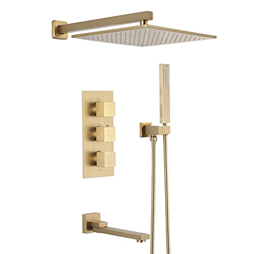 GLETSF Duschsysteme, Thermostatisches, An Der Wand Montiertes Badezimmer-Duscharmatur-Set Aus Gebürstetem Goldmessing Mit 10-12 Zoll Quadratischem Regenduschkopf Und Handbrausen-12 Inch GLETSF Duschsysteme, Thermostatisches, An Der Wand Montiertes Badezimmer-Duscharmatur-Set Aus Gebürstetem Goldmessing Mit 10-12 Zoll Quadratischem Regenduschkopf Und Handbrausen-12 Inch von GLETSF
