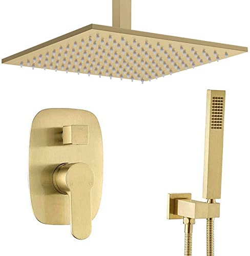 GLETSF Gebürstetes Gold Badezimmer Messing 12 Zoll Deckenmontage Regenmischer Regendusche Wasserhahn System Combo Set GLETSF Gebürstetes Gold Badezimmer Messing 12 Zoll Deckenmontage Regenmischer Regendusche Wasserhahn System Combo Set von GLETSF