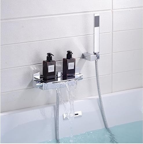GLETSF Gold Badezimmer Massiv Messing Badewanne Wasserhahn Set Matt Schwarz Wasserfall Dusche Wasserhahn Kran-Cromo von GLETSF