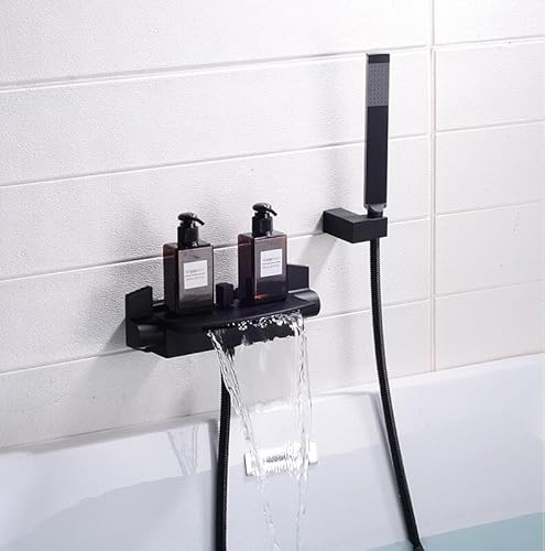 GLETSF Gold Badezimmer Massiv Messing Badewanne Wasserhahn Set Matt Schwarz Wasserfall Dusche Wasserhahn Kran-Nero von GLETSF