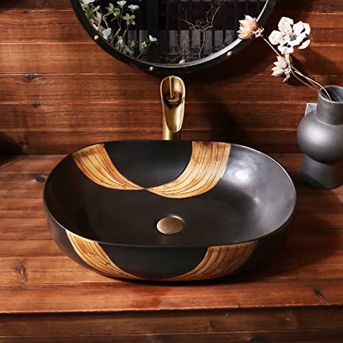 GLETSF Keramik-Waschbecken Für Badezimmer, Künstlerisch Geschnitztes Aufsatzwaschbecken, Schwarz, 59 X 40 X 15 cm, Kreatives Balkon-Waschbecken Im Retro-Stil, Dekoration Für Die von GLETSF