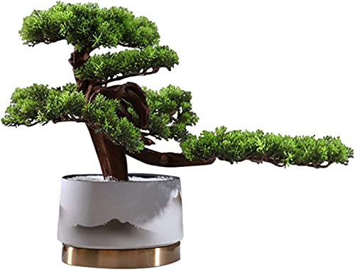 GLETSF Künstlicher Bonsai-Baum, Einladende Kiefer, Chinesischer Landschaftsmalerei-Stil, Keramik-Blumentopf Für Den Innenbereich, Home-Office-Schreibtisch-Dekoration-Green von GLETSF