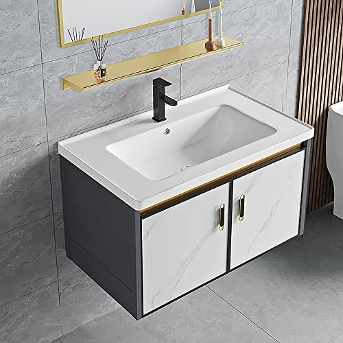 GLETSF Modernes, schwebendes Badezimmer-Waschtisch-Set zur Wandmontage mit rechteckigem weißem Keramik-Waschbecken, Schubladen und mattschwarzem Wasserhahn – Dekoration für klei GLETSF Modernes, schwebendes Badezimmer-Waschtisch-Set zur Wandmontage mit rechteckigem weißem Keramik-Waschbecken, Schubladen und mattschwarzem Wasserhahn – Dekoration für klei von GLETSF