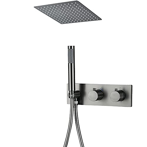 GLETSF Regenduschsystem, Thermostat-Duscharmatur-Set, Messing, Doppelgriff-Dusch-Kombi-Set, An Der Decke Montierte Regenmischbrause Mit Handbrause, 12-Zoll-Duschkopf, Gebürstete-Grey GLETSF Regenduschsystem, Thermostat-Duscharmatur-Set, Messing, Doppelgriff-Dusch-Kombi-Set, An Der Decke Montierte Regenmischbrause Mit Handbrause, 12-Zoll-Duschkopf, Gebürstete-Grey von GLETSF
