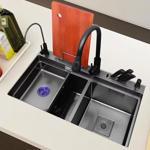 GLETSF Schwarze Doppelspüle, Küchenspüle Aus Edelstahl 304 Mit Ausziehbarem Wasserhahn Und Ablaufkomponenten, Aufputz- Oder Unterbaumontage-82-46cm Black-Grey von GLETSF