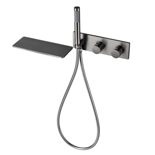 GLETSF Wandmontiertes Duscharmatur-Set, Duschkopf-Set, Thermostat-Duschmischer, Gebürsteter Gold-Wasserfall-Wasserhahn, Badewannenmischbatterien Mit Duschkopf Und Schlauch-Set F-Grey GLETSF Wandmontiertes Duscharmatur-Set, Duschkopf-Set, Thermostat-Duschmischer, Gebürsteter Gold-Wasserfall-Wasserhahn, Badewannenmischbatterien Mit Duschkopf Und Schlauch-Set F-Grey von GLETSF