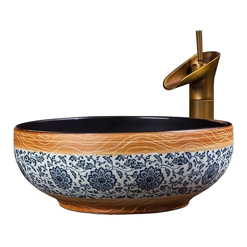 GLETSF Waschbecken Fürs Badezimmer, Aufsatzwaschbecken, Keramik-Kunstwaschbecken, Badezimmer-Aufsatzwaschbecken, Rundes Waschbecken, Retro-Waschbecken, Waschbecken Fürs Badezimm von GLETSF