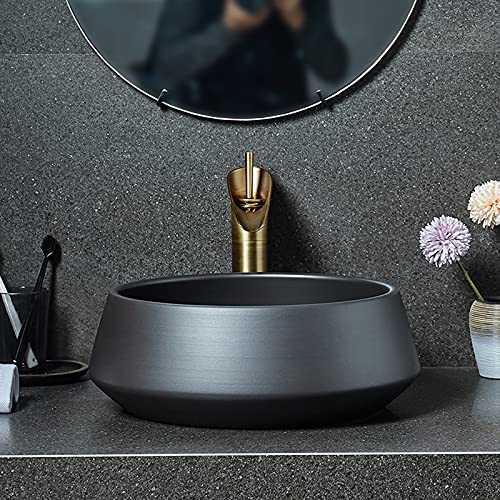 Keramik-Aufsatzwaschbecken, Modernes Rundes Badezimmer-Waschbecken In Schwarz Mit Wasserhahn Und Abfluss-Kombination, Handgefertigtes Kunstwaschbecken, Innen Glatt, 42 X Keramik-Aufsatzwaschbecken, Modernes Rundes Badezimmer-Waschbecken In Schwarz Mit Wasserhahn Und Abfluss-Kombination, Handgefertigtes Kunstwaschbecken, Innen Glatt, 42 X von GLETSF