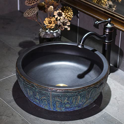 Keramik-Kunst-Waschbecken, Rund, Aufsatzwaschbecken Im Industrie-Stil, Retro-Stil Für Gäste-Wc, Handgeschnitztes Aufsatzwaschbecken, 41 X 41 X 15 cm von GLETSF