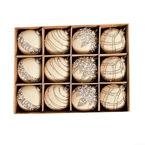 12-teiliges Weihnachtskugel-Ornament-Set mit Samtbeflockung und Pailletten-Details zum Aufhängen an Bäumen, Kränzen und Event-Dekorationen (beige) von GLFLOW
