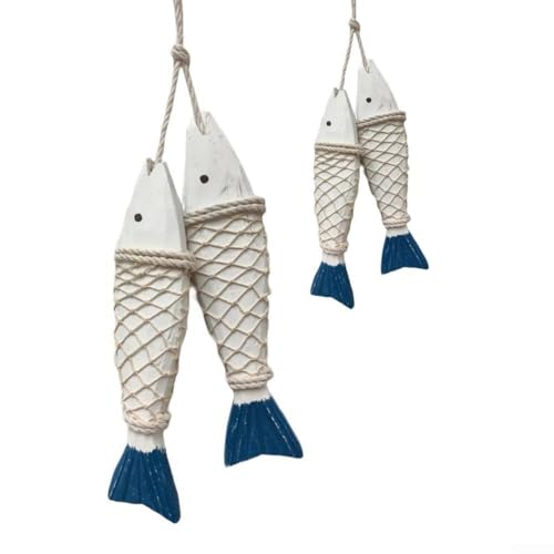 GLFLOW 2 Stück Holzfische Wandbehang Kunst für Strand Thema für Zuhause und Badezimmer Rustikaler Küstenstil (blau und weiß) von GLFLOW