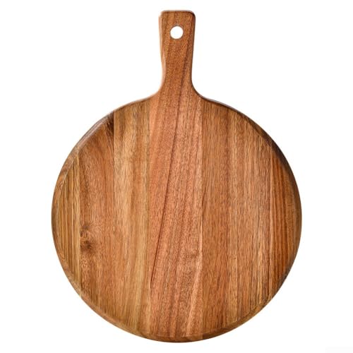 GLFLOW Großes 30,5 cm großes rundes Pizzabrett aus Akazienholz mit Griff, Schneidebrett aus Holz und rustikaler Servierplatte für Käse und Vorspeisen von GLFLOW