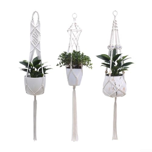 GLFLOW Hängepflanzkorb 3er Set, Boho Makramee Baumwollseil Kleiderbügel für Decke Balkon Fenster Weiß Indoor Outdoor 100/95/105cm von GLFLOW