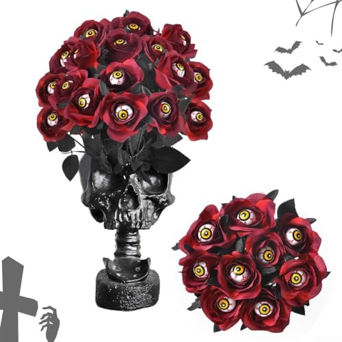 GLFLOW Künstliche Rosen für Damen, Halloween, mit Augapfelstielen, 15 Stück, schwarz, orange, lila, rot, 38 cm (rote Rose) von GLFLOW