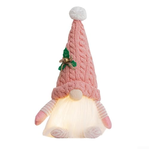 GLFLOW Leuchtender Weihnachtswichtel aus Plüsch mit Strickmütze, warmes LED-Licht für den Feiertagstisch oder Regal, sicher für Kinder und Haustiere (Rosa) von GLFLOW