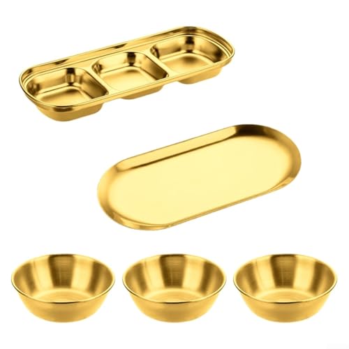 GLFLOW Soßenschalen-Set aus Edelstahl, 5-teilig, Dip-Schalen mit Ablageschale, Küche, Gewürzbehälter, stapelbare Servierschalen (Gold) von GLFLOW