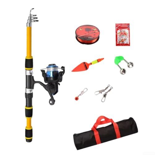 Komplettes Reise-Angelrute 1 8m Teleskop-Set mit Angelrolle Köderhaken und Zubehör für den Außenbereich, leicht und tragbar (gelb) von GLFLOW